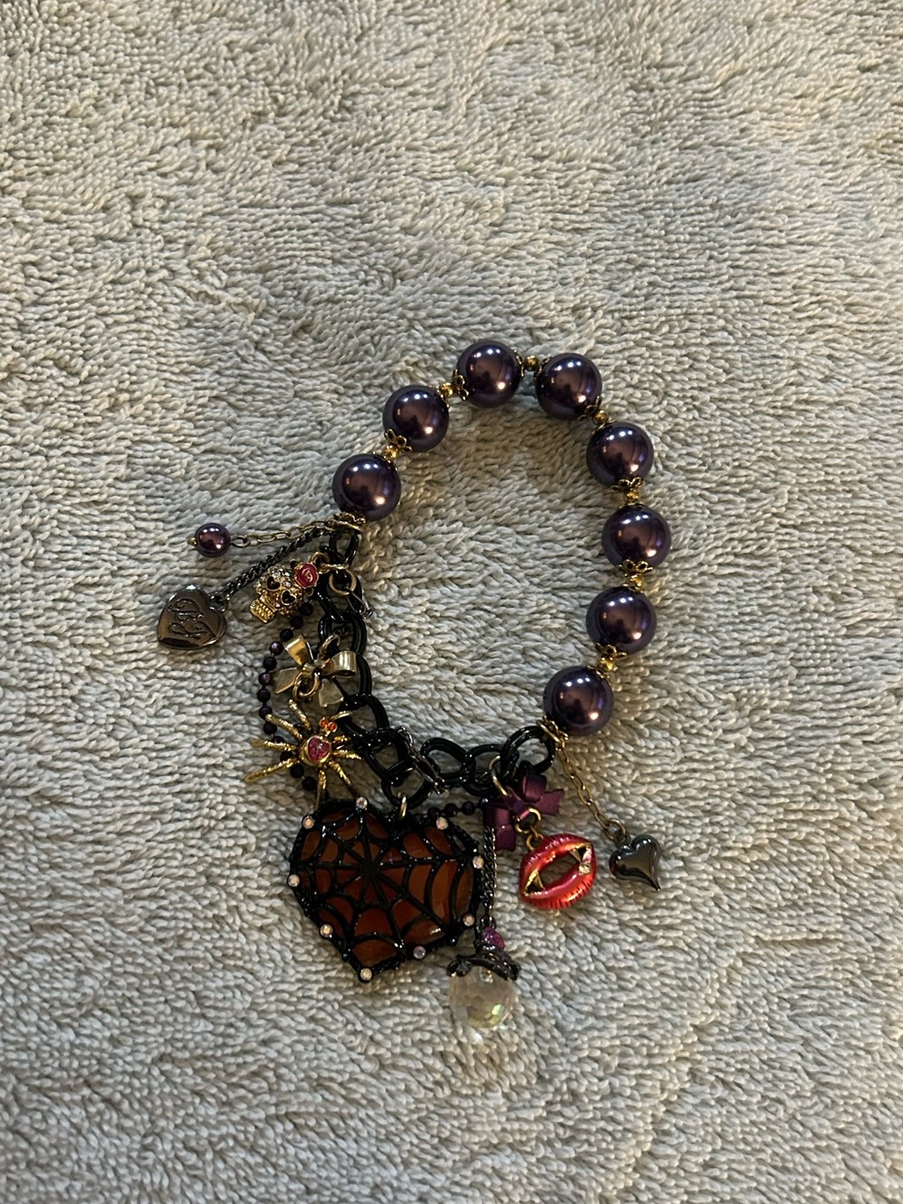 Betsey Johnson Purple Beaded Bracelet With Heart And Spider Charms